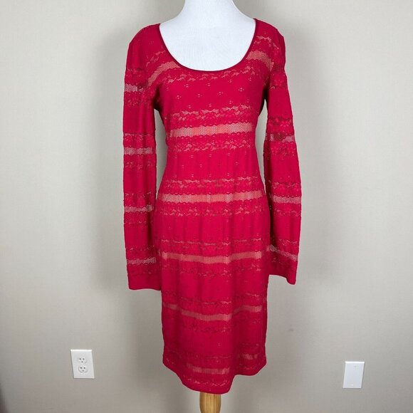Bcbg Max Azria Dress Medium Lace Illusion Sheath Tanya Sangria Red Bodycon LS - Picture 12 of 12